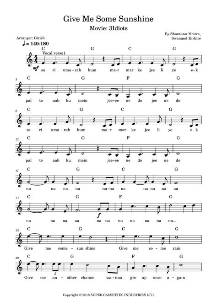 Give Me Some Sunshine Lyrics Latest Give Me Some Sunshine Lyrics by Swanand Kirkire