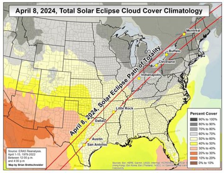 Solar eclipse weather and cloud forecast along the path of totality